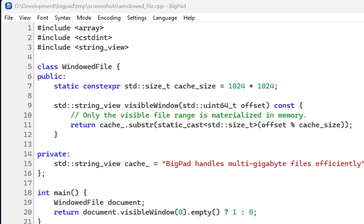 BigPad editing C++ code with syntax highlighting