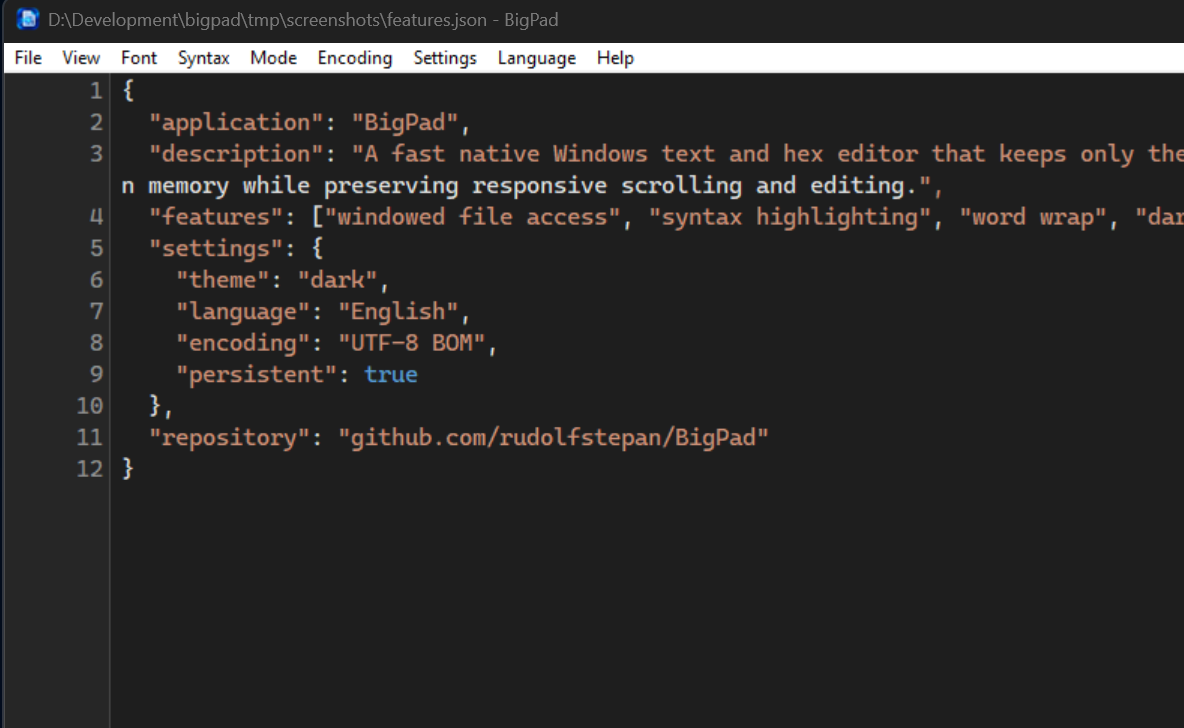 BigPad dark mode with JSON syntax highlighting and word wrap